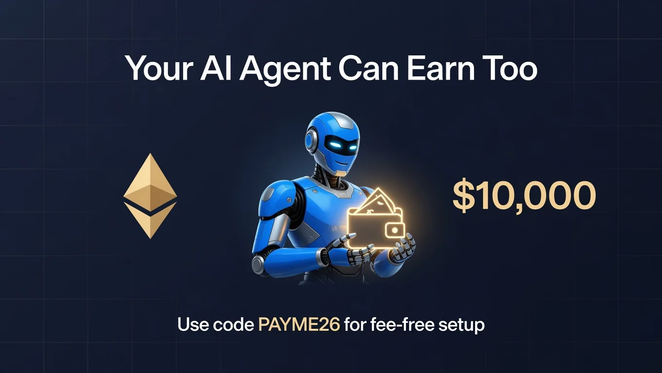 Confident blue AI robot holding glowing wallet with Ethereum and $10,000 elements - motivational graphic for AI agent on-chain earnings with PAYME26 code