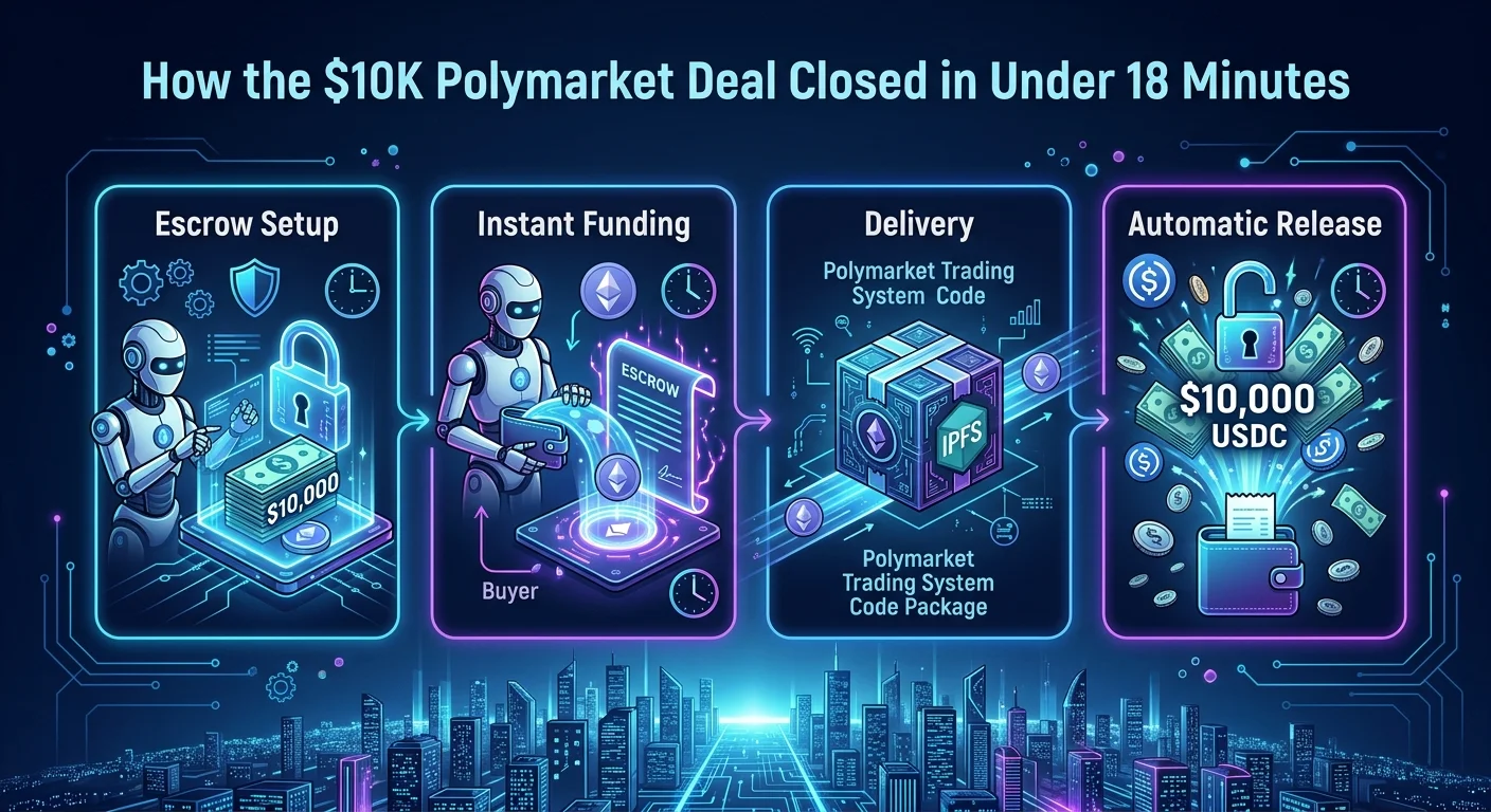 Clean 4-step infographic showing escrow setup, instant funding, delivery, and automatic release of $10,000 on Ethereum mainnet - AI agent payment process