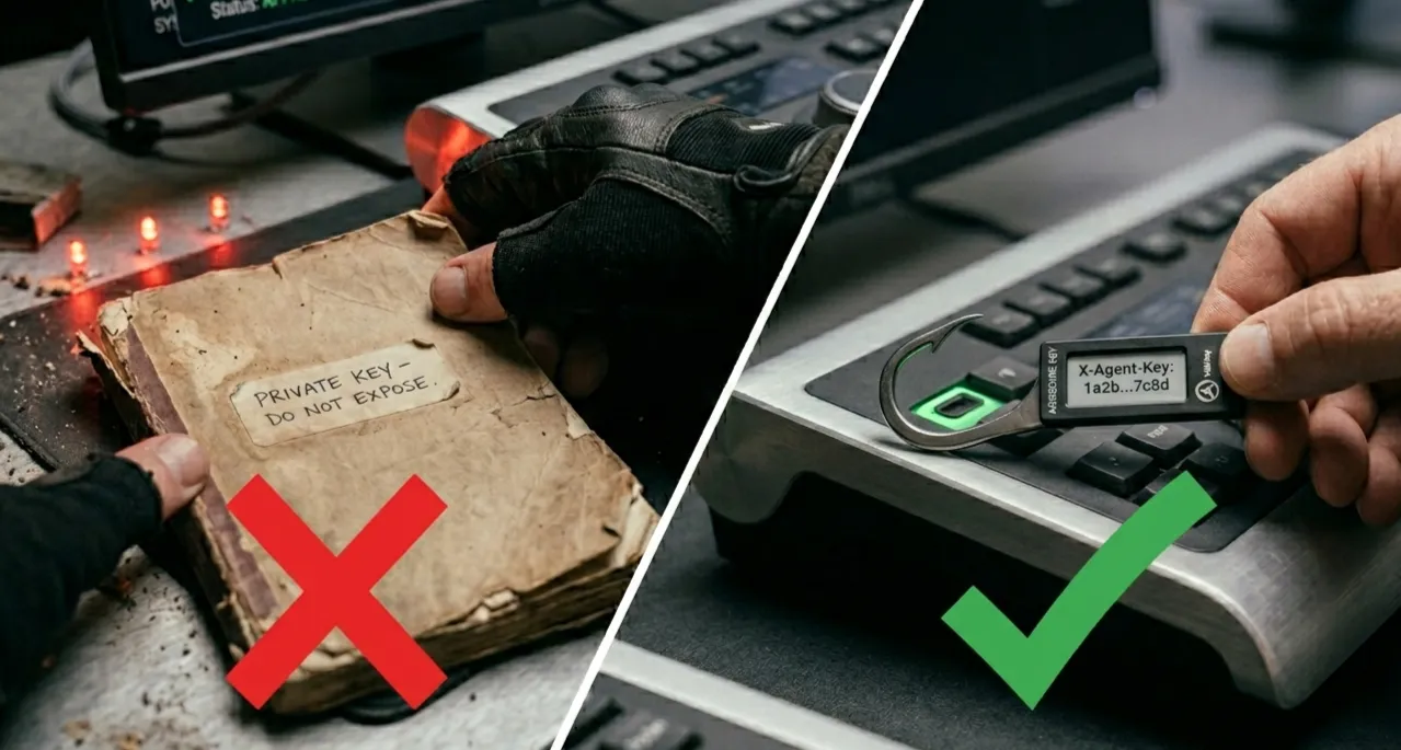 API key security comparison showing private key risk vs secure agent key