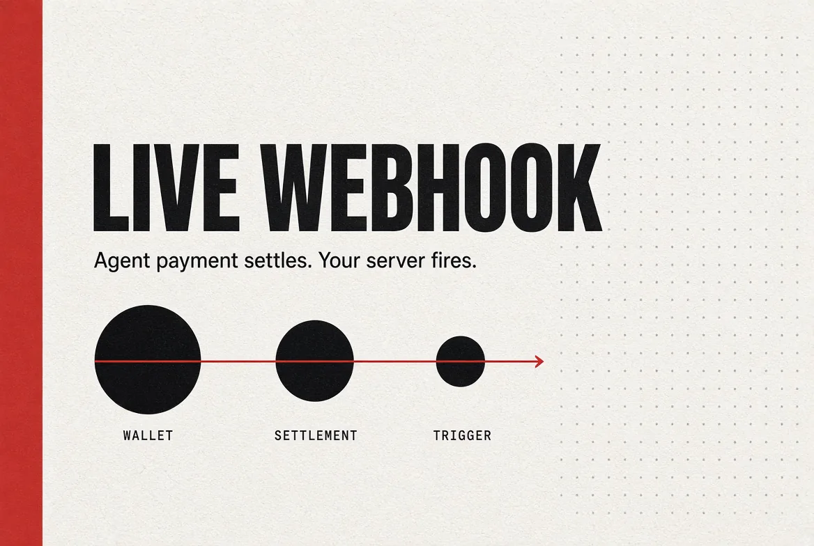 OpenClawCash LIVE WEBHOOK infographic: a wallet settles a payment and your server triggers, captioned "Agent payment settles. Your server fires."